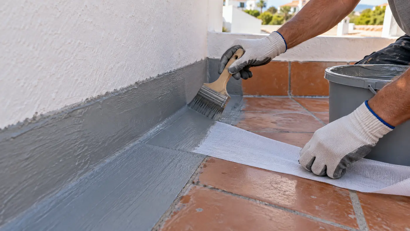 Aplicación del impermeabilizante con tejido de refuerzo en el encuentro con la pared